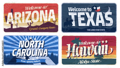 Usa region plate. States of America boards, vintage license plates for motels and bars, vintage car stickers for license plate. Vector illustration. Colorful vehicle signs for transportation photo