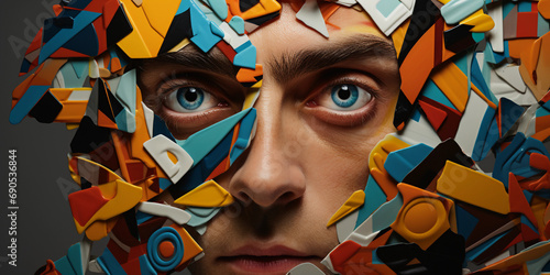 portrait, multiple eyes scattered across the face, cubist influence, abstract shapes © Marco Attano