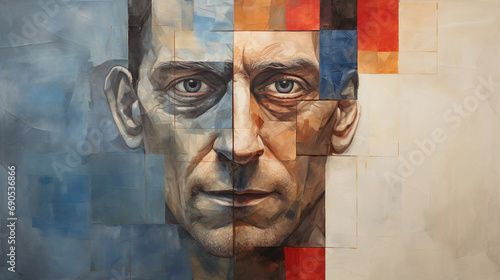 portrait with Cubist influences, featuring a male face from various angles in one composition, earthy tones with splashes of blue and red