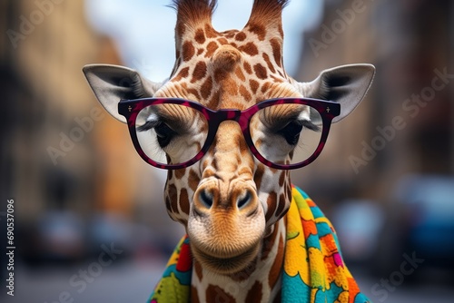 A whimsical, colorful giraffe wearing oversized glasses. © ParinApril