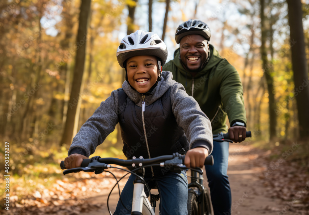 Black man and son joyfully riding bicycles in a park or forest in fall Black man and son joyfully riding bicycles in a park or forest in fall