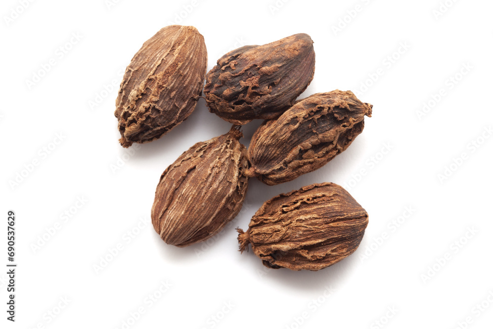 Close-up of Organic Black cardamom (Amomum subulatum) on a white background. Pile of Indian Aromatic Spice. Top view Close-up of Organic Black cardamom (Amomum subulatum) on a white background. Pile of Indian Aromatic Spice. Top view