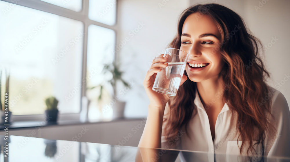 Healthy beautiful young woman holds a glass of water in kitchen, smiling young girl drinking fresh water from glass Healthy beautiful young woman holds a glass of water in kitchen, smiling young girl drinking fresh water from glass