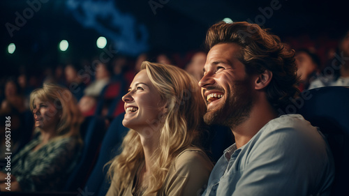 Joyful couple with family watching cinema, blurred audience background.Generative AI © Suralai