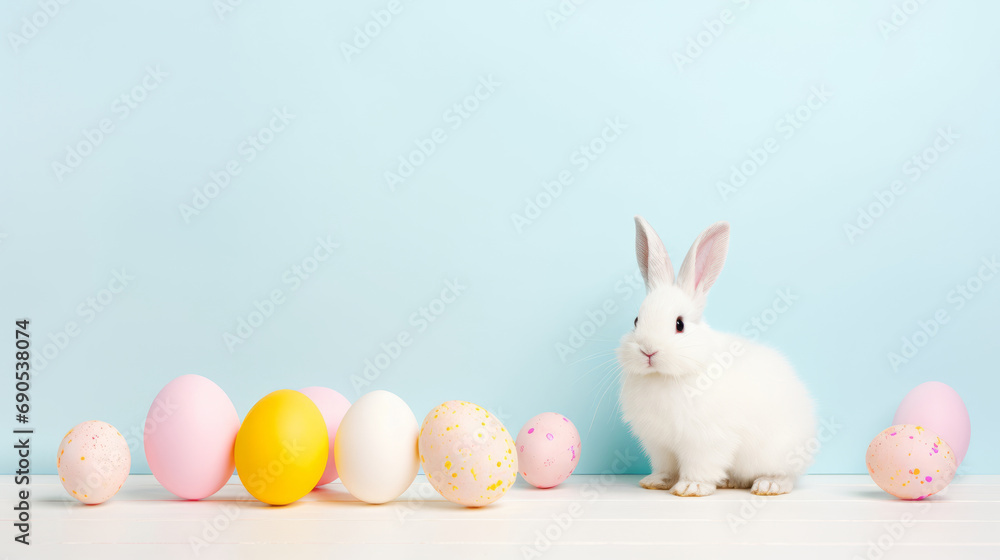 White Easter Bunny with colorful eggs before pale blue wall