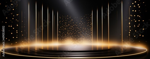 gold stage product showcase with bursting light , abstract gold background, glitter glow magical moment luxury wallpaper, generative Ai  