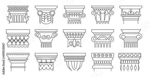 Ancient architectural details. Ancient relief sculpture and classical architecture style, antique mediterranean building facade decoration. Vector isolated set. Creative and elegant construction