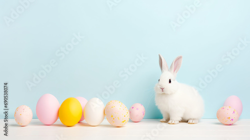 White Easter Bunny with colorful eggs before pale blue wall