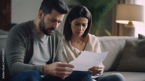 Worried mid adult couple reading documents consider mortgage loan insurance contract terms at home
