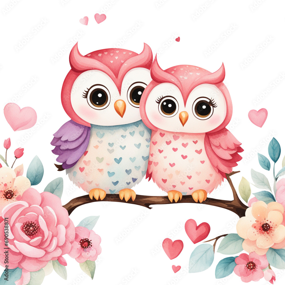 Obraz premium couple pastel owl watercolor