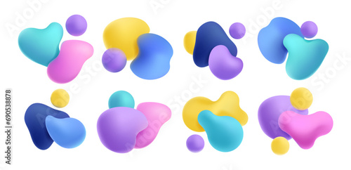 Colorful organic render shapes. Abstract organic elements with various reflections and effects. Minimal fantasy creative elements. Vector isolated collection. Vivid abstract splashes and spheres set