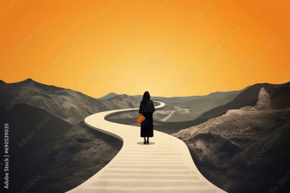 woman graduation, mystery path way road success career landscape background, Generative AI  - obrazy, fototapety, plakaty 