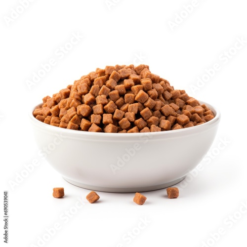 Dry dog food in a bowl close-up on a white background.