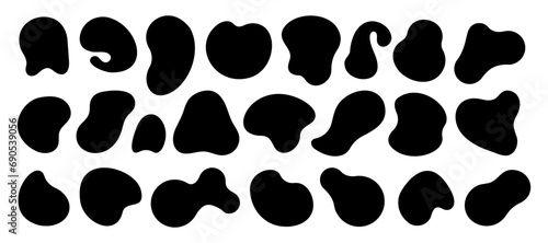 Black organic shapes. Abstract liquid blob splotches, dirty dynamic ink blotches and spots. Vector modern abstract doodle set. Different asymmetric unique inkblots, basic random stains