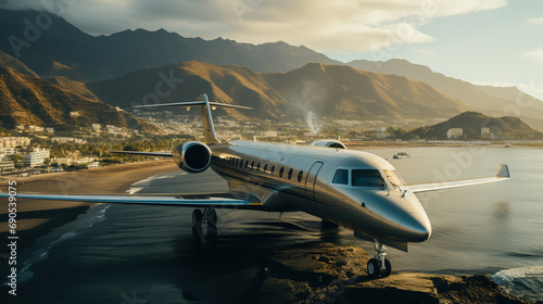 A Modern Aircraft Flying on Ocean and Mountains of Futuristic Technology Theme Background Selective Focus