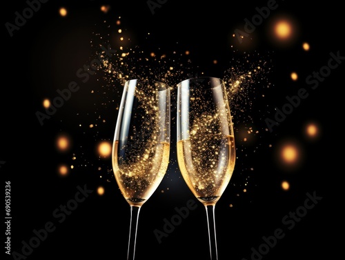 Champagne glasses toasting for New Year. Black bokeh background. Christmas mood.