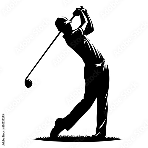 Golf swing player pose vector silhouette black color, white background