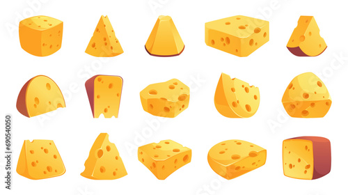 Cheese pieces. Cartoon cheddar blocks, organic parmesan cubes and triangles, dairy eco farm product cutoff pieces. Vector isolated set. Organic food, tasty milk snack, healthy ingredient