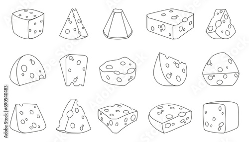 Cheese line icons. Slices, pieces and blocks of old farm cheese, outline parmesan cuts for product packaging design. Vector isolated set. Healthy and organic ingredient, dairy food
