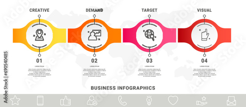 Vector infographic design template. Modern timeline concept with four steps, circles. Vector illustration used for diagram, workflow layout, banner, webdesign