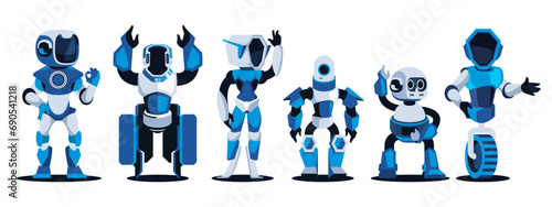 Cartoon robots. Mechanical metal machines, bionic cyborgs and AI chatbot, virtual machine and AI concept. Vector isolated set. Futuristic innovative characters and metal cyborg creatures