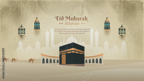 Islamic eid mubarak kareem card design with beautiful holy kaaba and lanterns