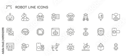 Robot line icons. Outline AI chatbot and mechanical characters related pictograms, futuristic artificial intelligence and robot technology. Vector isolated set. Automated process, engineering