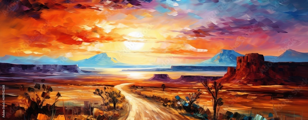 painting style illustration of road passing on desert waste land, hot scorching sun on sky, Generative Ai - obrazy, fototapety, plakaty 