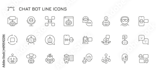 Chat bot line icon. Simple robotic speech stroke icons, smart phone chat bot technology, artificial intelligence flat style. Vector isolated set. Operator in headphones, smart webcam photo