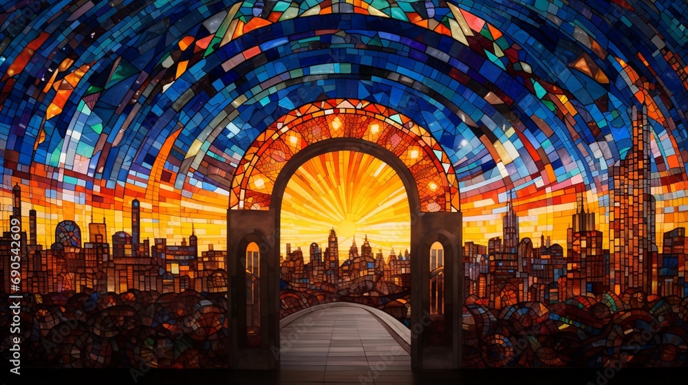 Glass-paneled arches soaring high, refracting the city's neon skyline into a mesmerizing mosaic