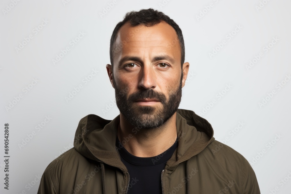 Portrait of a bearded man in a hoodie on a gray background Portrait of a bearded man in a hoodie on a gray background