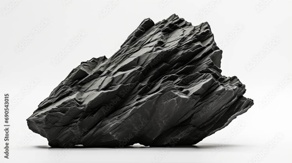 Black rock on white background, with contrasting texture, depth, and sharp focus. Unique stock image capturing the detailed and minimalist beauty of nature. Monochromatic