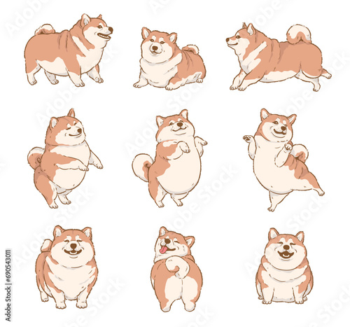 Cute Cartoon Shiba Inu dog set, Cartoon Dog Character Design with Flat Colors in Various Poses