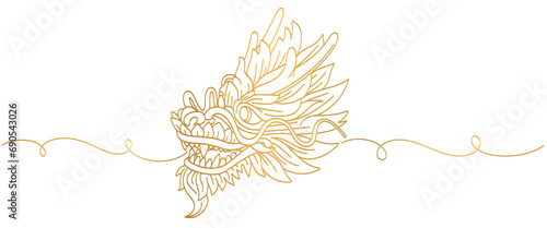 Chinese New Year 2024 vector. Chinese dragon, line drawing gold modern pattern. Dragon head for card design print media. China lunar calendar animal. Vector EPS 10.