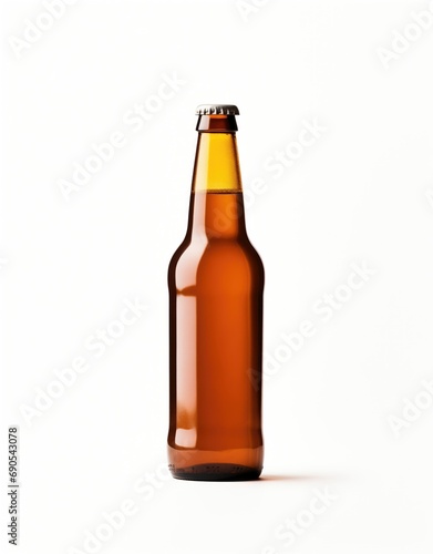 A hyper-realistic  well-lit brown beer bottle with rich color and sharp focus. It stands upright on a clean white background  showcasing its refreshing  cold  and transparent liquid