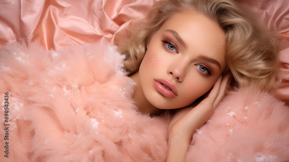 Luxurious Beauty Portrait in Fluffy Peach Fur with Serene Expression Luxurious Beauty Portrait in Fluffy Peach Fur with Serene Expression