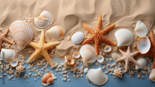 Seabed with different seashells and sea stars, top view