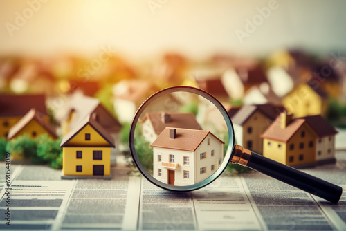 Searching new house for purchase. Rental housing market. Magnifying glass near residential building. photo