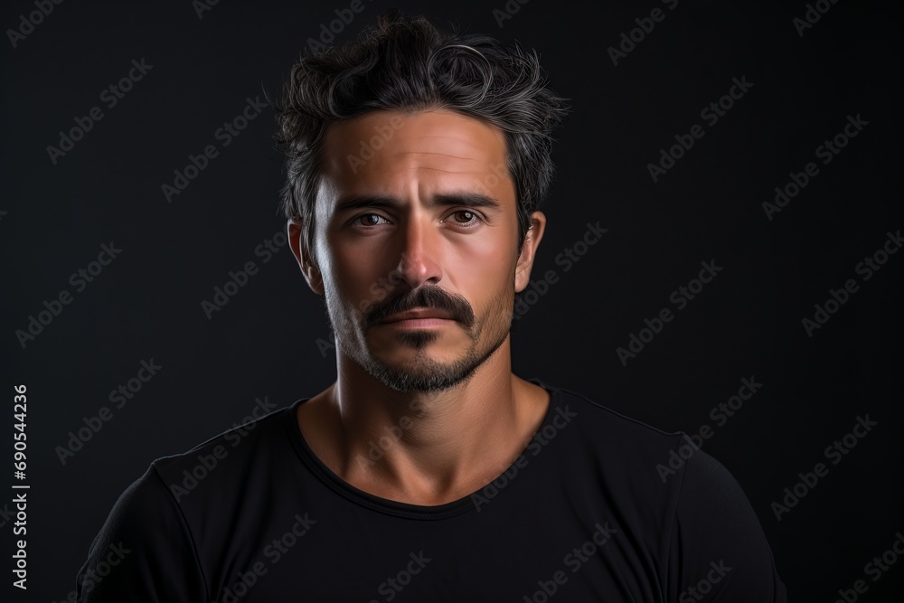 Portrait of handsome young man with beard and mustache on black background