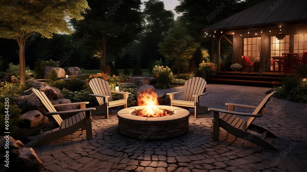 Outdoor fire pit in the backyard with lawn chairs seating on a late summer night