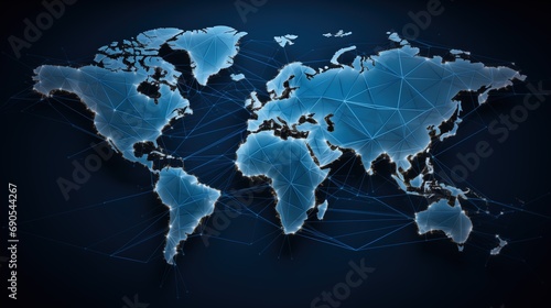 An interconnected network of blue lines on a world map, illustrating a global network connection and symbolizing the concept of worldwide business and collaboration.