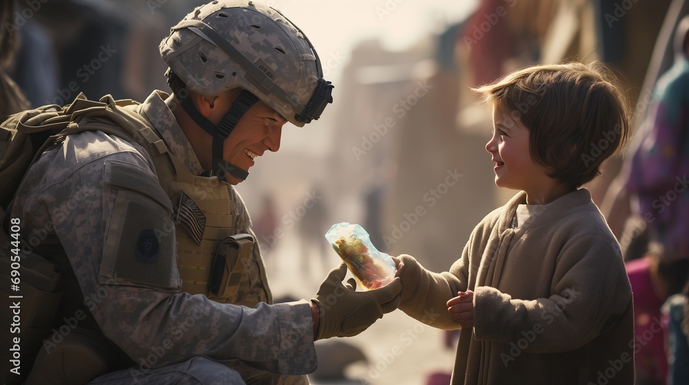 A soldier's heartwarming gesture, giving a gift to a joyful little boy, spreading kindness and joy. - obrazy, fototapety, plakaty 