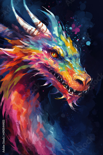 surreal fantasy dragon in neon colors, beautiful illustration, colorful art, copy space