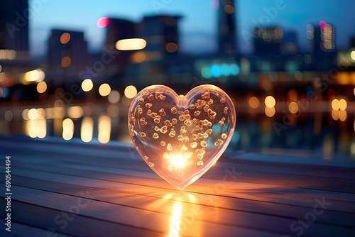Heart-shaped bokeh, blurred background. in the evening with city lights.