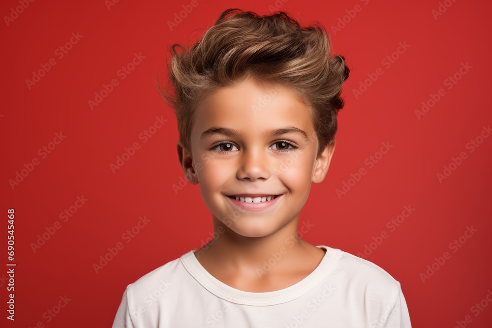 Portrait of a smiling little boy on a red background. Copy space.