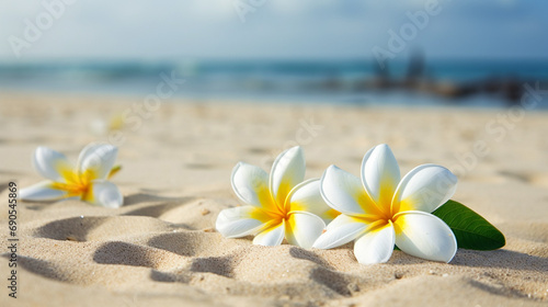 Plumeria flowers on the beach on the sand. selective focus. Generative AI,