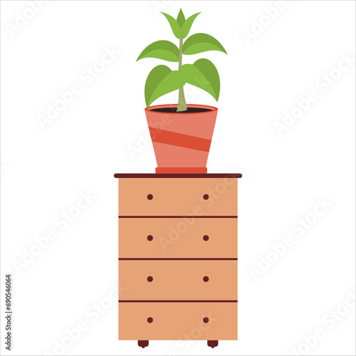 Potted plant on the chest of drawers. Vector illustration.