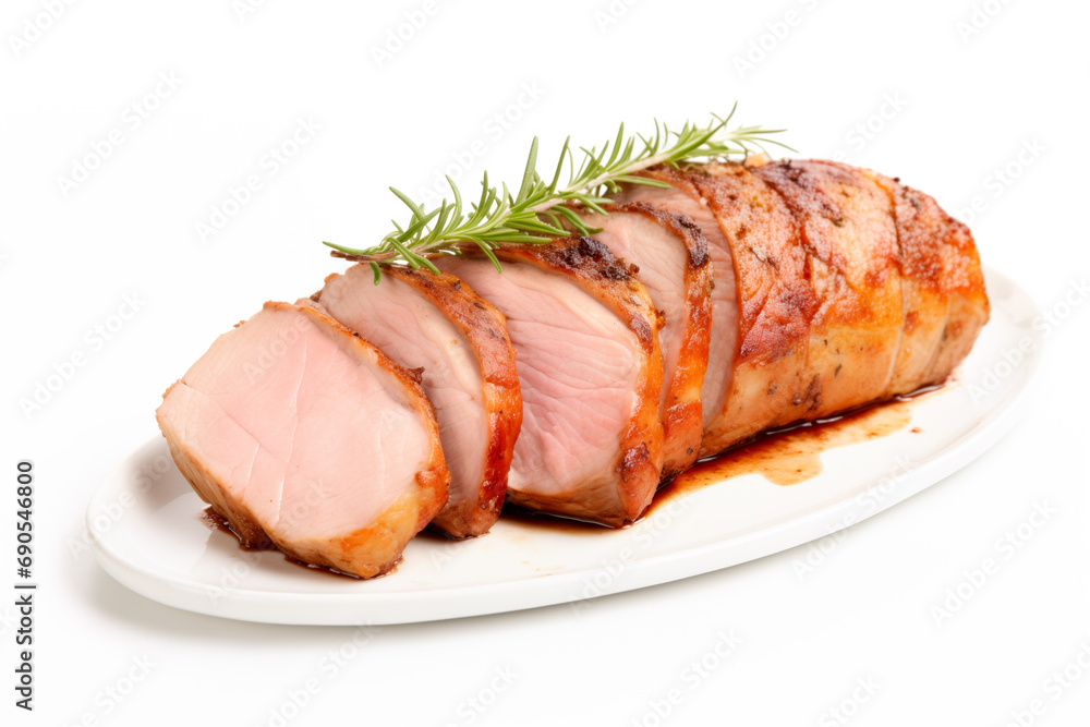 A closeup of sliced homemade cooked pork tenderloin on white background