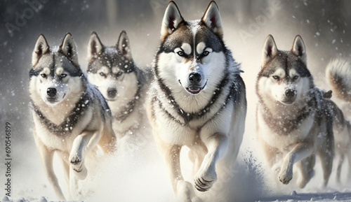 Huskies running in the snow. selective focus. Generate AI