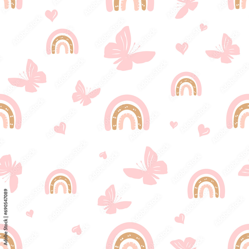 Seamless pattern with pink gold rainbow, butterfly cartoons and pink hearts on white background vector illustration. Cute childish print. Seamless pattern with pink gold rainbow, butterfly cartoons and pink hearts on white background vector illustration. Cute childish print.